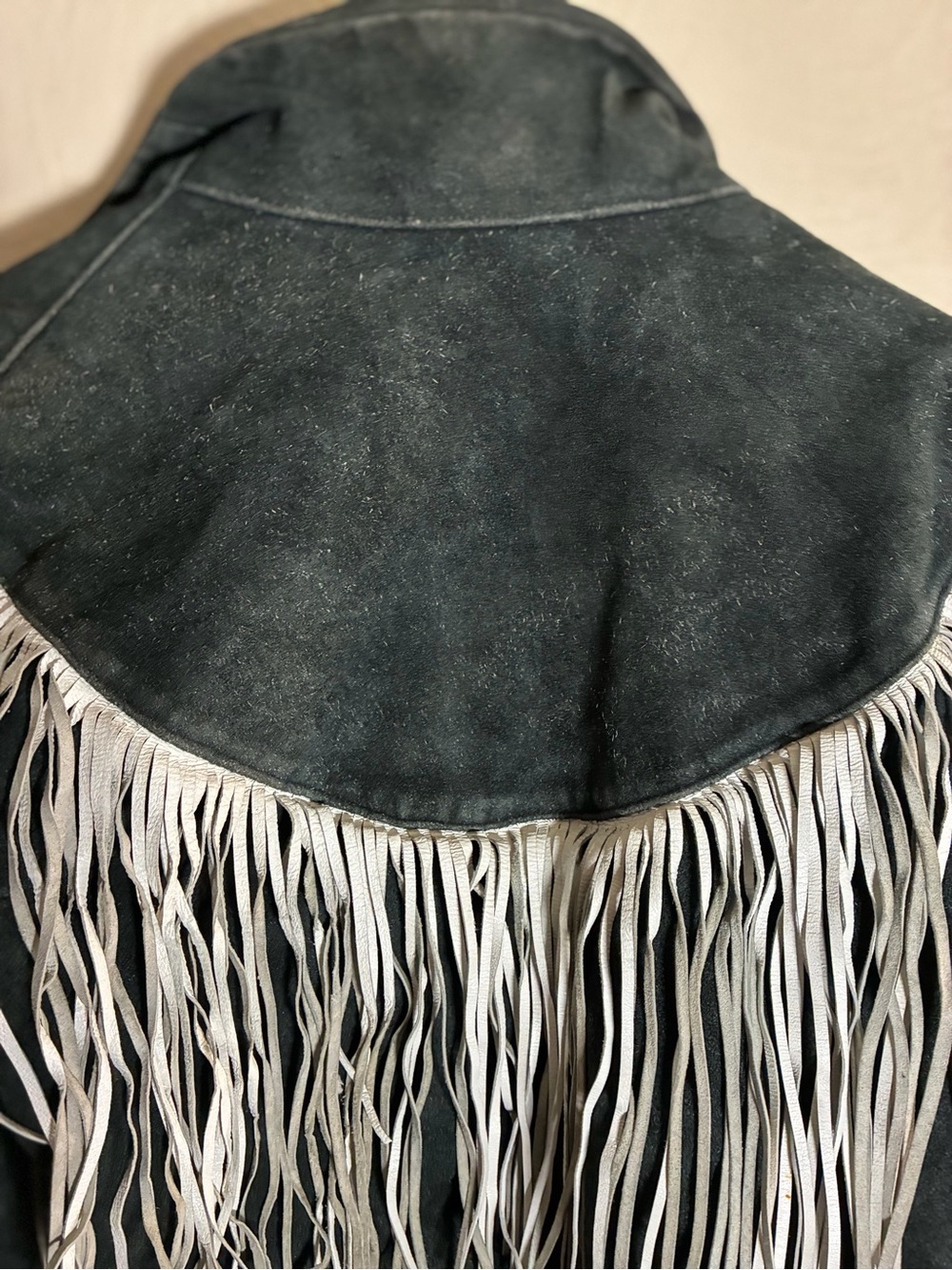 Fringed Suede Leather Jacket in Dark Gray with White Fringe - Picture 13 of 16